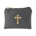  BLACK LEATHER TEXTURED ZIPPER ROSARY POUCH (2 PC) 